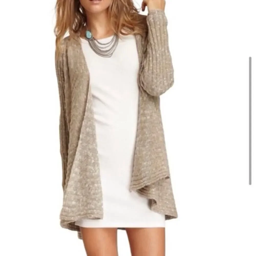 Free People Waterfall Cardigan XS Taupe Wool Blend Draped Boho Granola Sweater